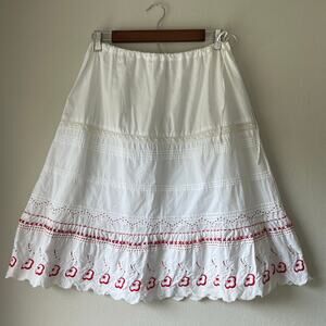 Cleo Vintage Embroidered Lace Midi Skirt - Folk Embroidery, Red and White